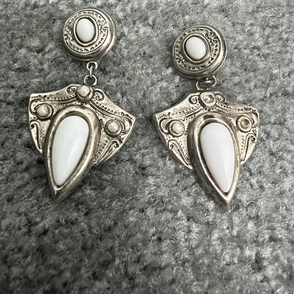 Tribal white silver earring